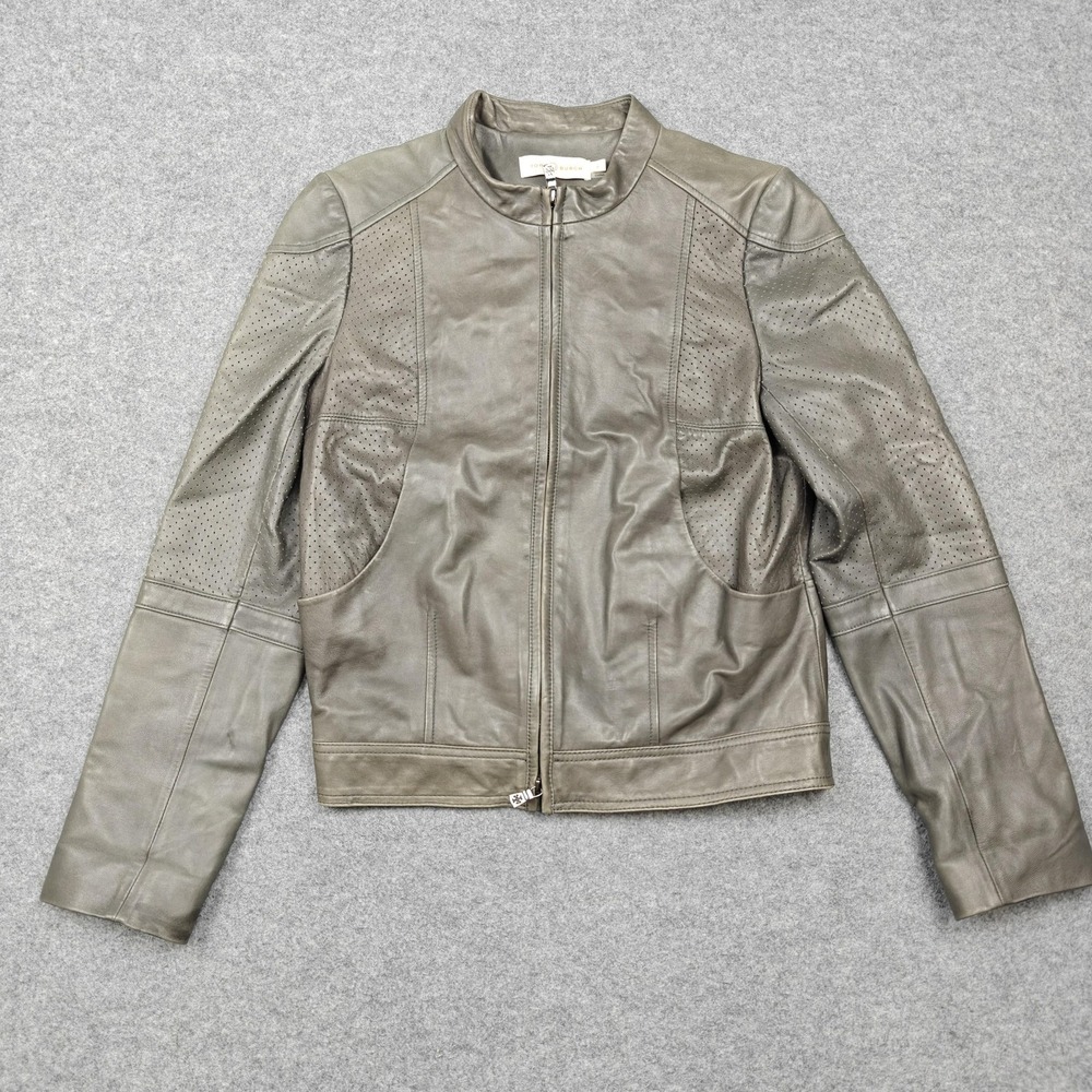 Tory Burch‎ Jacket Womens 8 Gray Leather Perforated Moto Biker Full Zip Lined